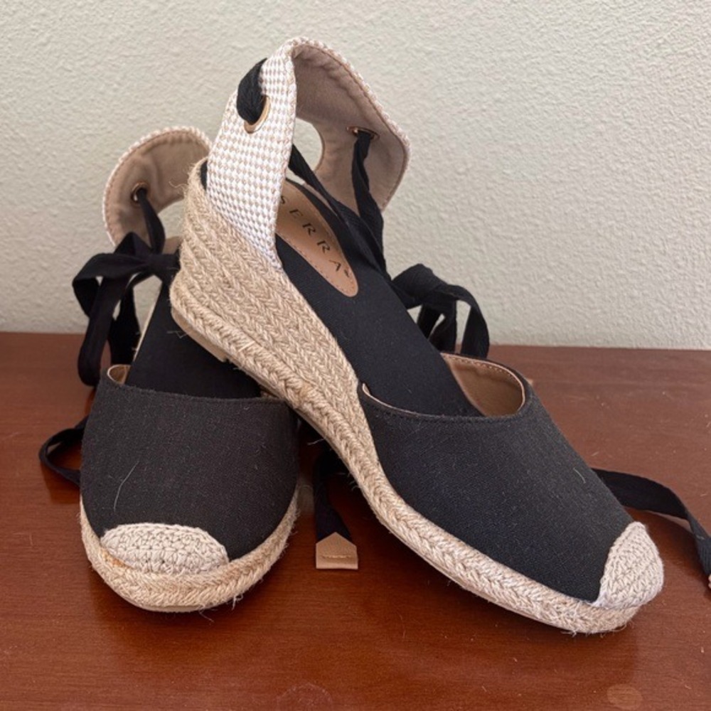 Serra Espadrille Wedges Womens 7 Black Tan Ankle Tie Lace Up Boho Summer Sandals